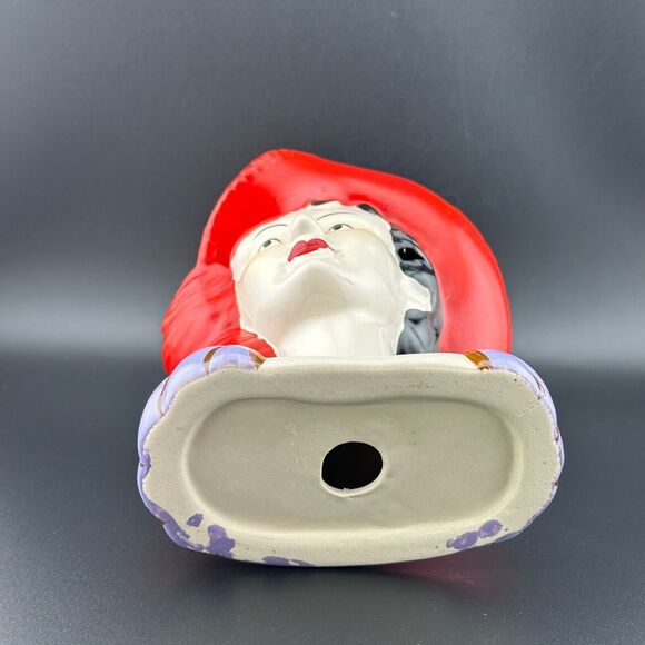 Vintage Lady Head Bust Figurine Ceramic Red Hat with Feather Hand Painted 5.5" H - Picture 6 of 8